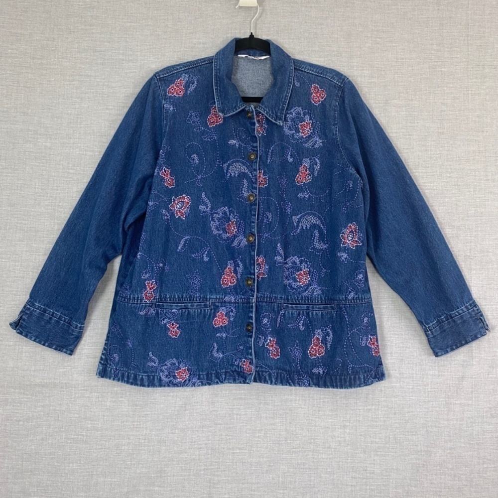 Alia Jean Jacket Womens 2X Blue Cotton Embroidered Flowers Pockets Metal Buttons